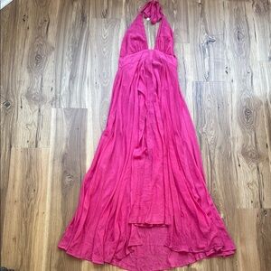 A. Peach Daffy Womens Elegant Fuchsia Cross‎ Front Halter Maxi Dress Sz. L